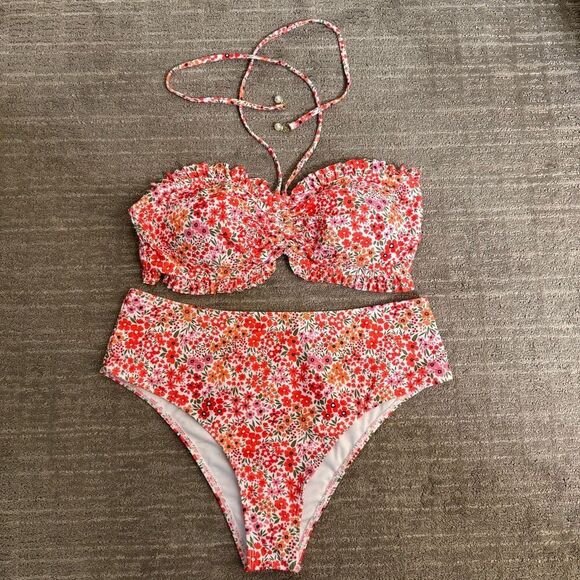 Orange Pink Red Floral Swimsuit Bikini Ruffle Bandeau Halter Top XL NWOT - Picture 1 of 6